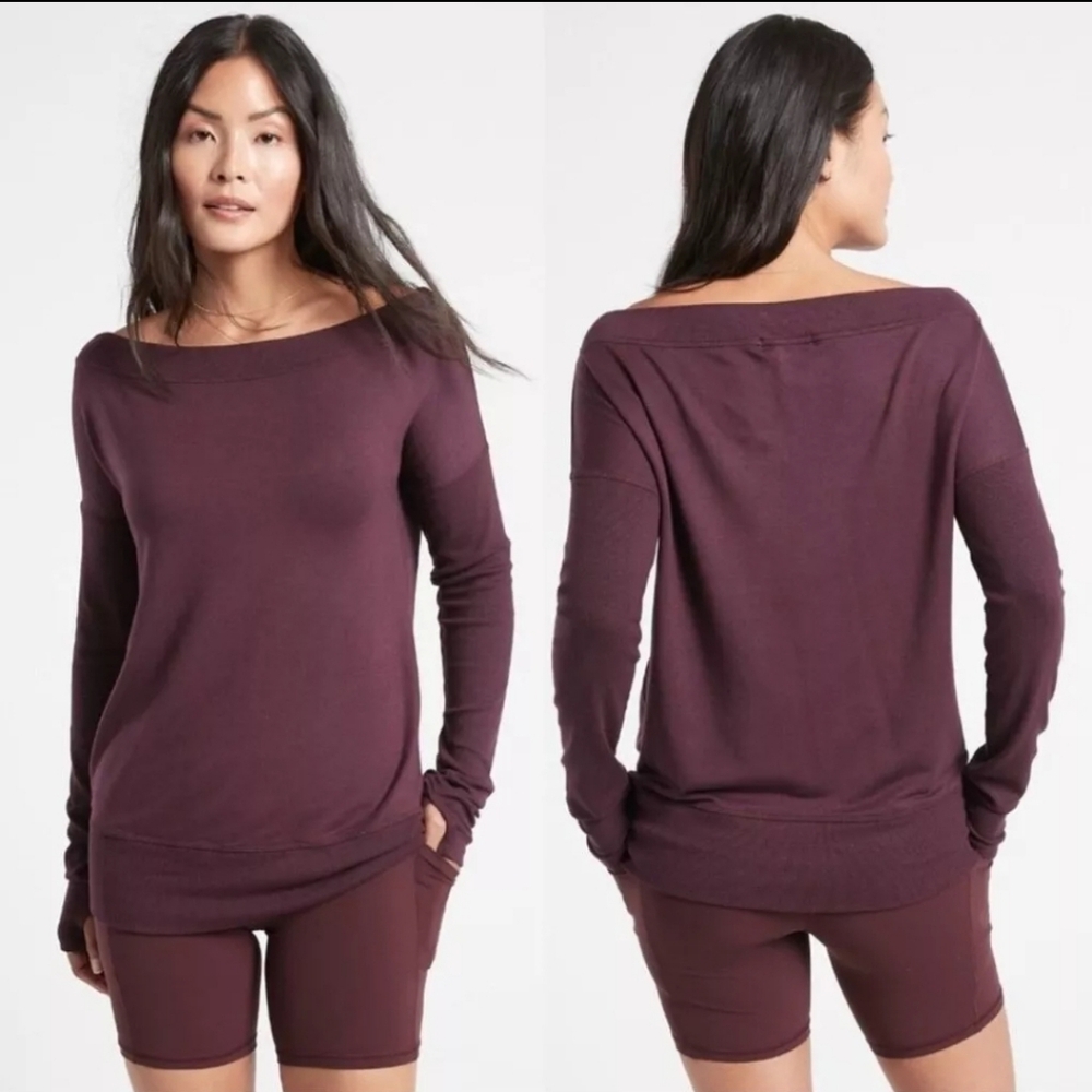 ATHLETA Studio Barre Sweatshirt Pullover Off Shoulder Modal Stretch Cabernet XL